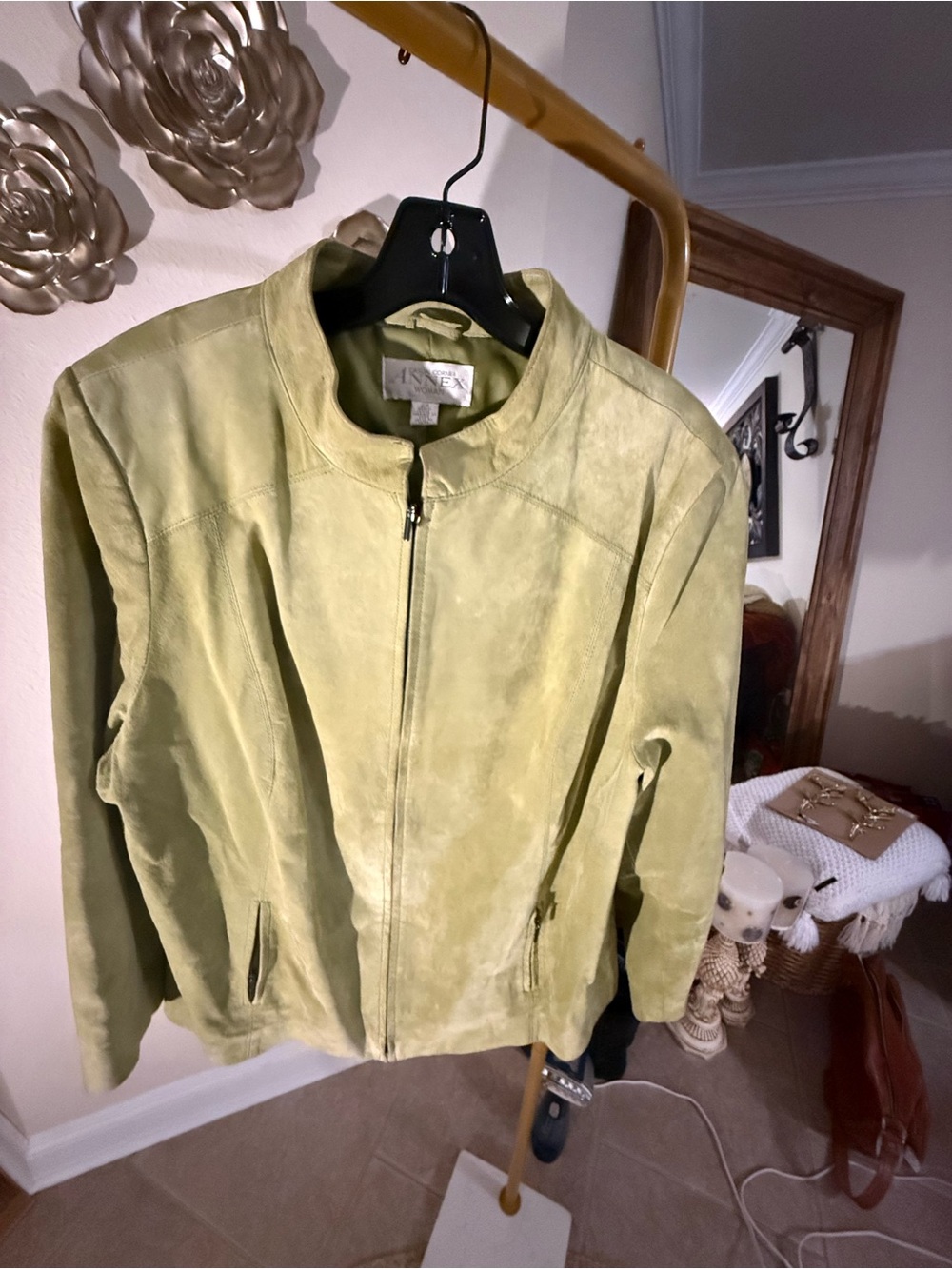 Vintage Casual Corner Light Olive Green Suede Zip Jacket